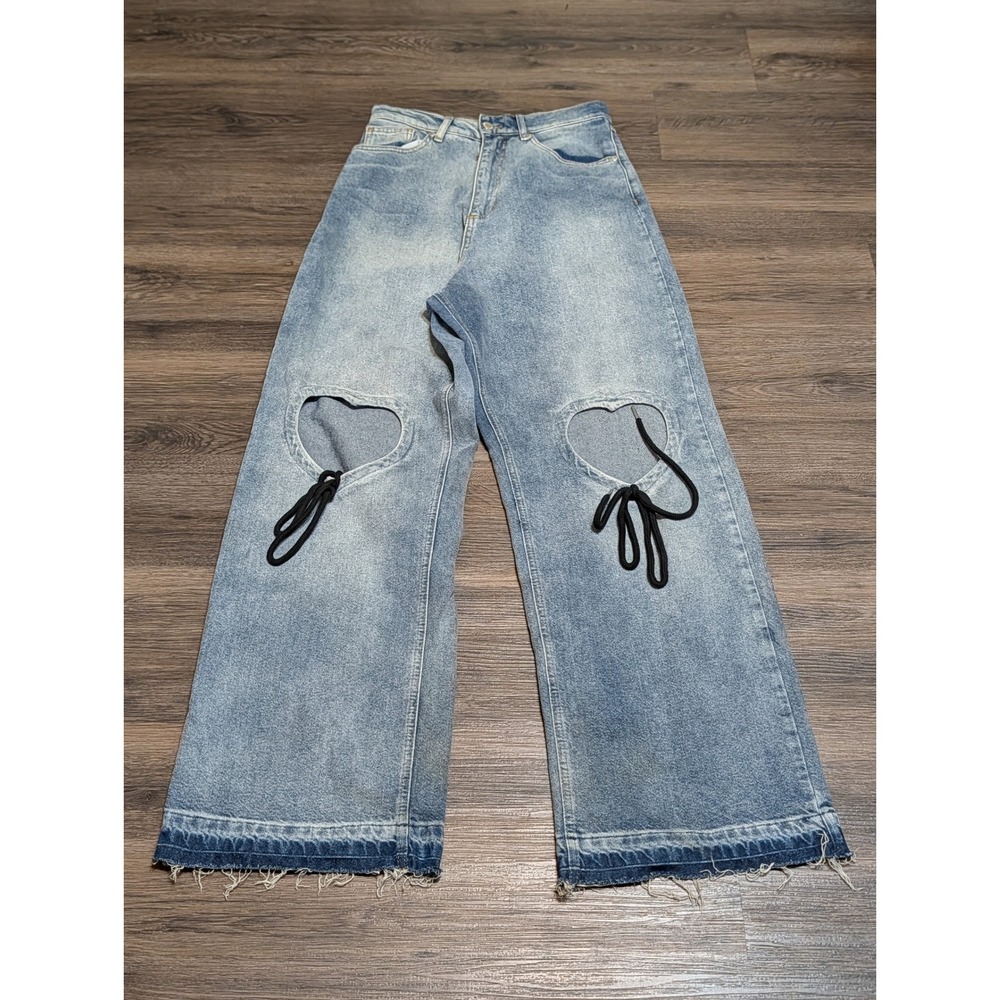 Natasha Zinko Heart Cutout Wide Leg Jeans Light Wash Denim XS High Rise Baggy